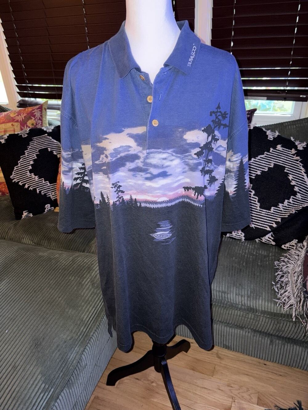 Vintage 90s Tabasco Sportswear Golf Polo AOP 2XL Blue Mountain Southwestern
